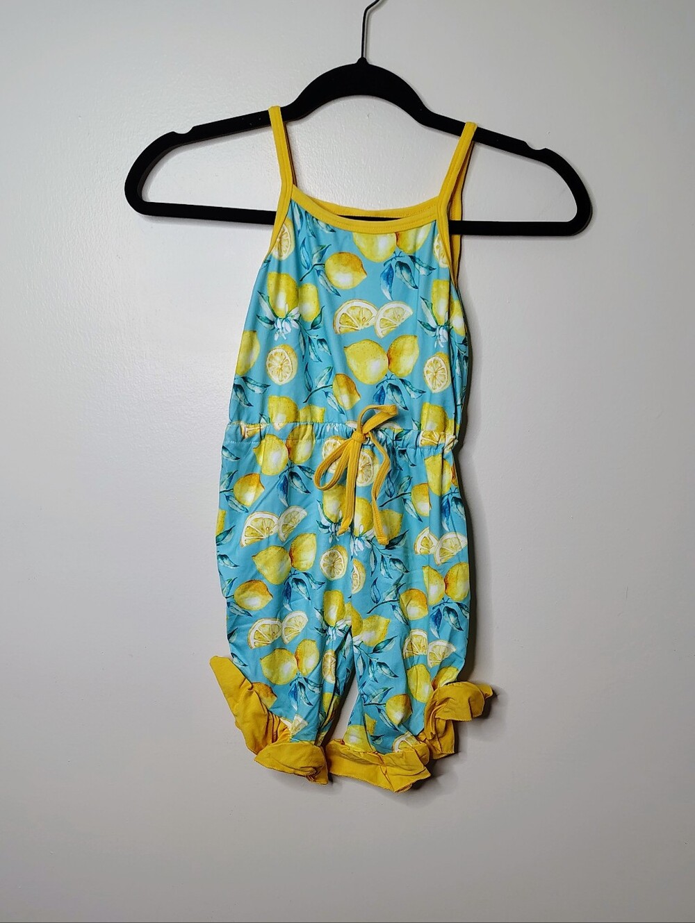 Girls Lemon Print Ruffle Romper - Yellow & Aqua Girls Sizes M,L, XL - Picture 2 of 4